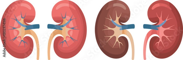 Obraz Kidney anatomy vector illustrations set, human renal system organs, medical kidney diagram, nephron structure graphic icons for health and biology education.