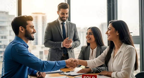 Fototapeta Diverse business professionals shaking hands during a meeting in a modern office