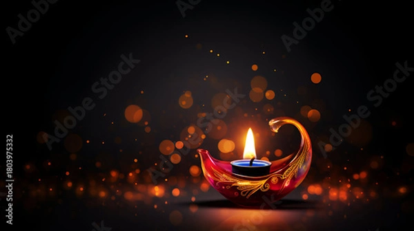 Obraz  Colorful Diwali decorations with traditional candles, oil lamps, vibrant flowers and decorative bowlsTwo decorative lotus flower candles burning with warm flames, creating a serene and spiritual atmo