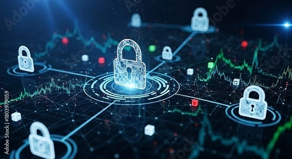 Obraz Cybersecurity network with padlock icons representing data protection and digital security, highlighting the importance of safeguarding information in the digital age