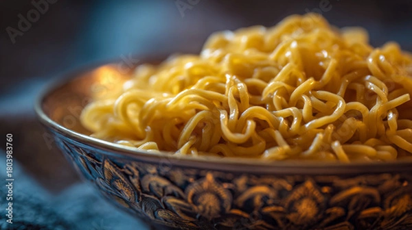 Fototapeta A close up shot of golden noodles served in an ornate decorative bowl with a blurred background