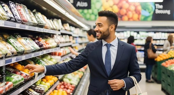 Obraz Smiling man in suit shopping for fresh produce in a brightly lit supermarket aisle