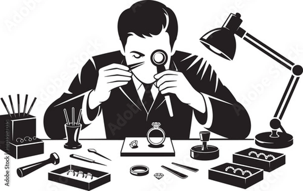 Fototapeta Experienced diamond appraiser examining quality and cut of precious gemstone using small tools in studio