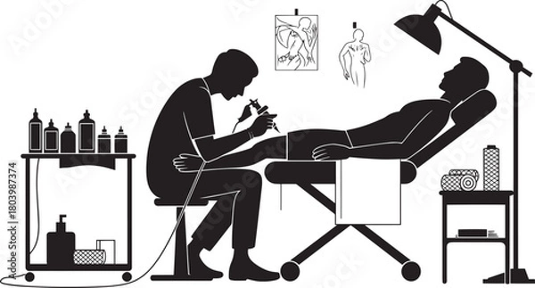 Fototapeta Tattoo artist creating permanent body art design on customer leg client lying on procedure couch in professional studio