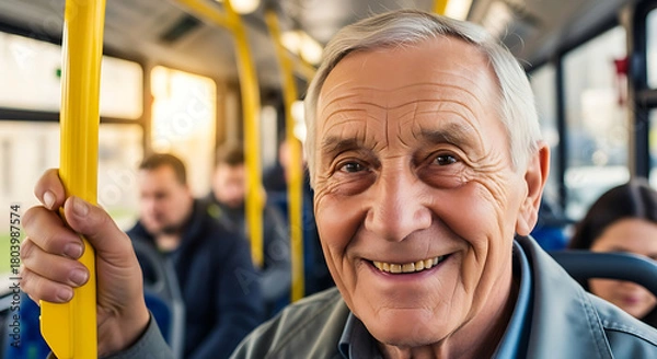 Fototapeta Smiling elderly man with gray hair riding a public bus during the day