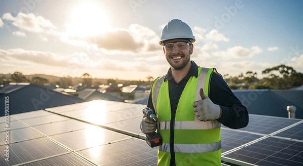 Obraz Smiling solar panel installer in safety vest and hard hat on rooftop
