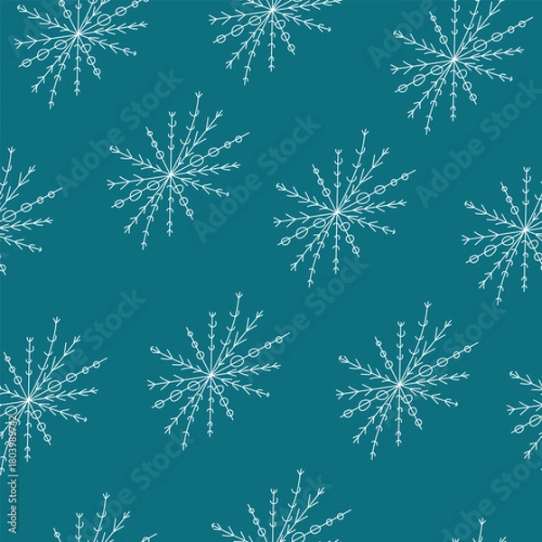 Fototapeta Seamless pattern of snowflakes on an emerald background, winter background