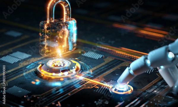 Fototapeta Robotic hand touching digital button activating holographic glowing padlock for cybersecurity and ai concept. 3D rendering. Generative Ai padlock