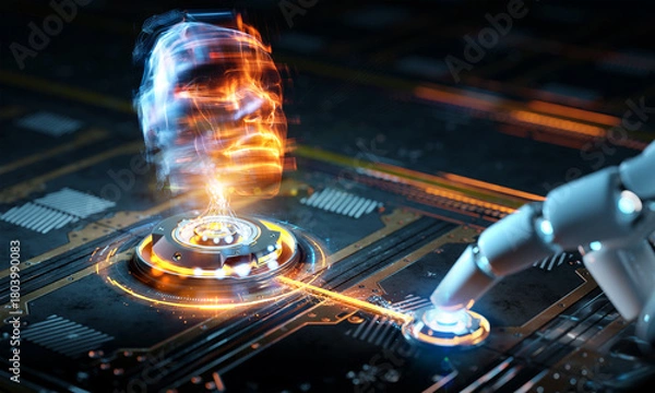 Fototapeta Robotic hand activating digital button with holographic interface showing ai robot face. Artificial intelligence and future tech concept. 3D rendering. Generative Ai head