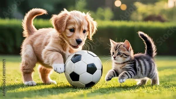 Obraz Adorable golden retriever puppy and playful tabby kitten enjoying a soccer ball outdoors