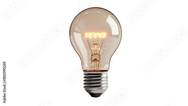 Fototapeta Classic glowing light bulb with clear glass and visible filament isolated on white background for energy and illumination concept