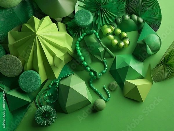 Fototapeta Flatlay of matte accessories on green 3D geometric paper sculpture