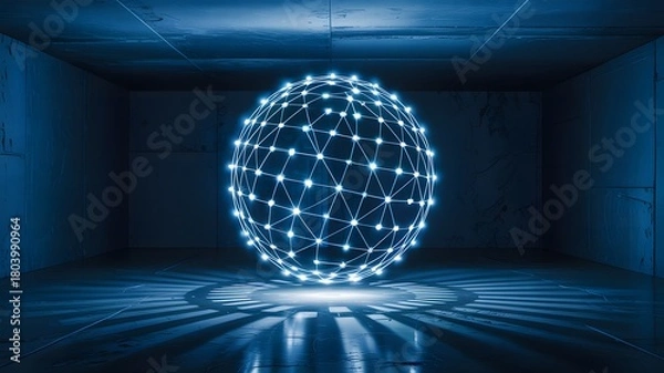 Obraz Abstract glowing digital sphere of interconnected nodes and lines in a dark futuristic room