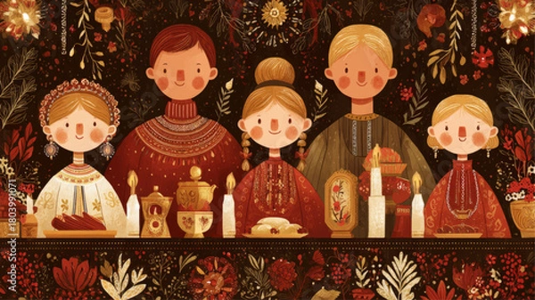 Obraz Traditional Orthodox Christmas family feast illustration with ornate Slavic embroidery patterns and warm candlelit winter holiday atmosphere for seasonal presentations.