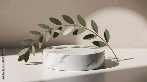 Obraz Minimalist white marble podium with a delicate green branch casting soft shadows