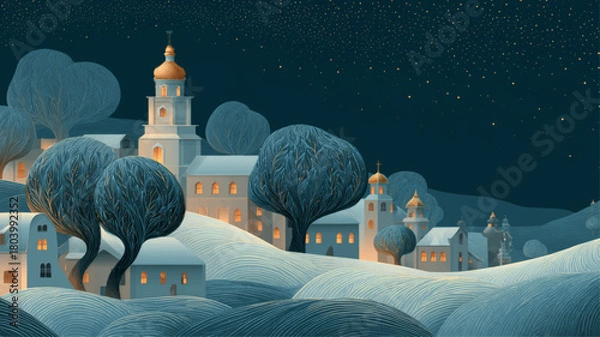Fototapeta Peaceful Orthodox Christmas night village with glowing golden domes and swirling starry winter sky, creating an enchanting festive spiritual atmosphere for seasonal presentations.