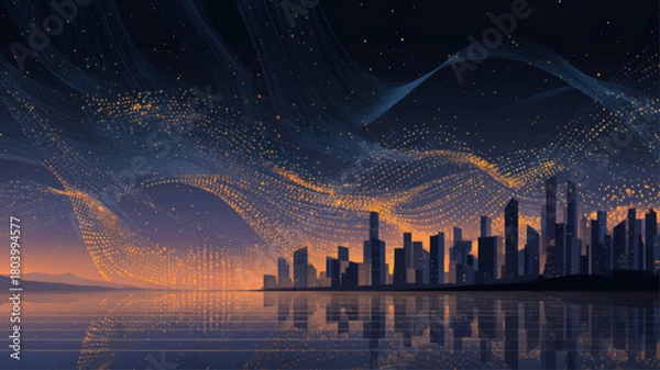 Fototapeta Futuristic night cityscape with glowing Braille-inspired dotted light waves symbolizing accessibility, inclusive communication, and modern disability awareness themes.