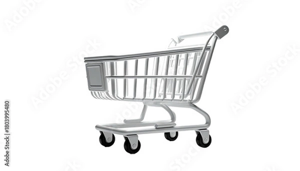 Obraz Side view of a metallic, empty shopping cart on a black background