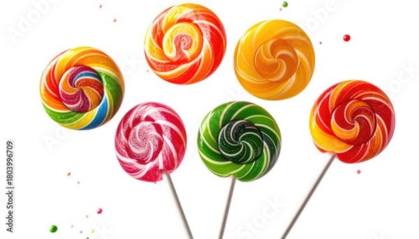 Obraz Six colorful spiral lollipops against a dark, blurred backdrop