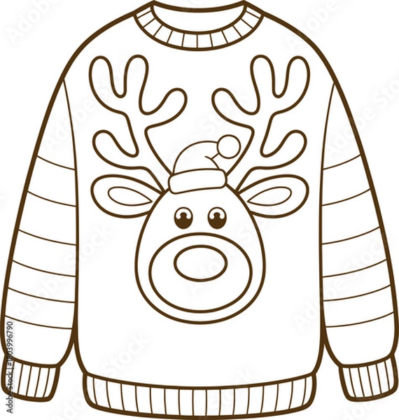 Fototapeta Whimsical ugly christmas sweater design featuring a cute cartoon reindeer with festive holiday elements