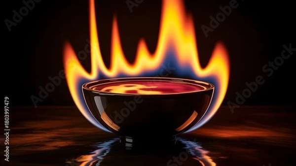Obraz Close up of a dark liquid in a small bowl engulfed in bright orange and yellow flames