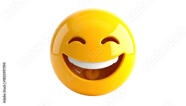 Fototapeta Glossy yellow laughing emoji with a wide grin and visible tongue
