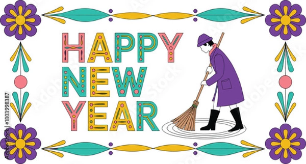 Fototapeta Whimsical folk art happy new year card featuring vibrant colors and festive elements for celebrations