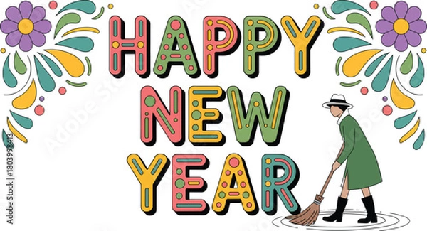 Fototapeta Folk art style happy new year greeting card illustration with vibrant colors and festive elements