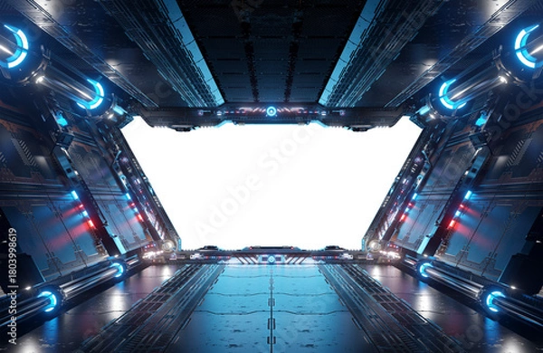 Fototapeta Metallic spaceship interior with isolated cut out transparent window. Glossy starship corridor with blue and pink glowing lights. 3D rendering