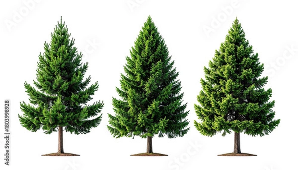 Fototapeta Three green conifers with brown trunks on dark background