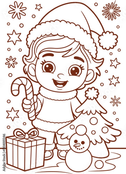Obraz Charming christmas coloring page for kids featuring a happy child in santa hat holding candy cane by decorated tree and gifts