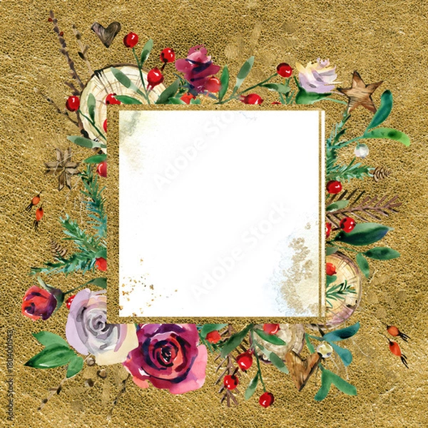 Fototapeta Luxurious watercolor Christmas card with elegant wreath of fir branches, berries and roses on golden background. Features square frame for custom text. Premium ready-to-print template