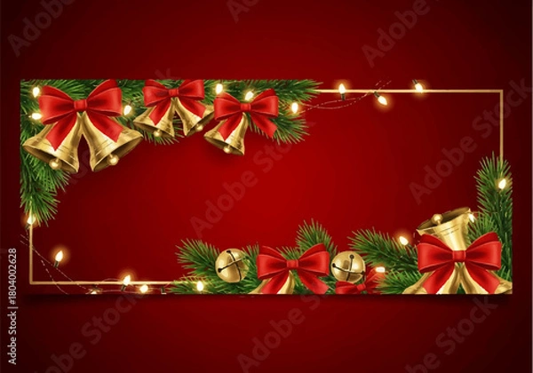 Fototapeta Festive Christmas frame featuring golden bells with red bows, pine branches, and string lights against a deep red background.