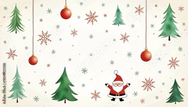 Fototapeta Playful Christmas background with Santa, trees, and snowflakes for festive decoration
