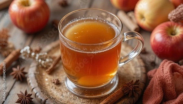 Fototapeta Enjoy warm apple cider with cinnamon sticks and star anise on rustic wood table