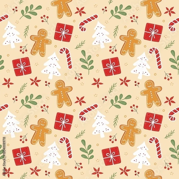 Fototapeta Cute Christmas Seamless Pattern with Gingerbread Men White Trees Gift Boxes Candy Canes and Holiday Botanicals on Beige Background Festive Winter Texture