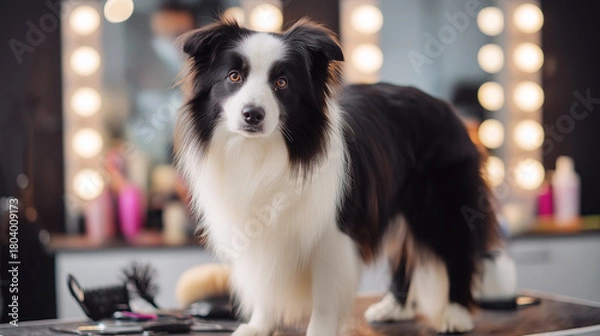 Obraz Border Collie stands on a grooming table inside a makeup studio. Bright makeup lights and bottles frame the scene around the dog.