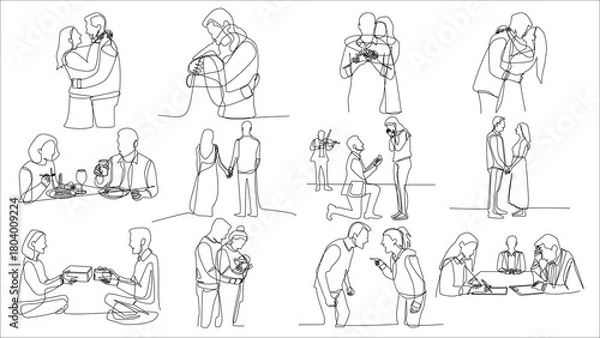 Fototapeta One Line Art: Love, Relationship and Ending