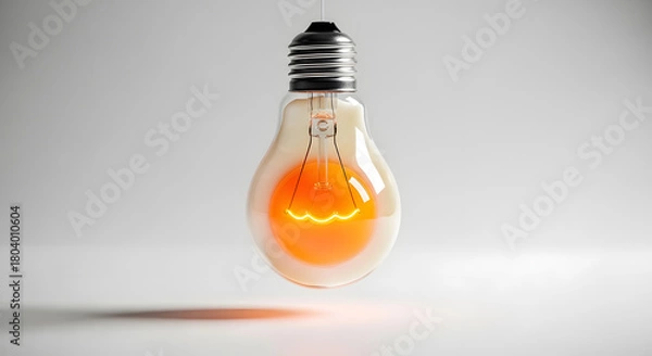 Fototapeta Bright idea concept with a glowing orange light bulb suspended in the air