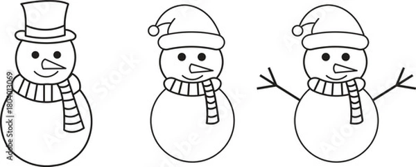 Fototapeta Three hand drawn snowmen characters wearing hats and scarves in winter