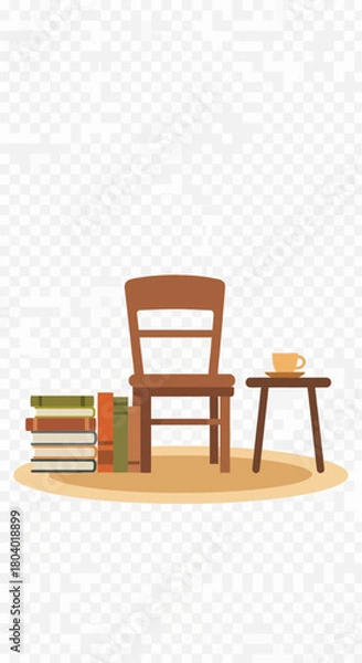 Fototapeta Stack of books next to a chair and a cup on a small table.