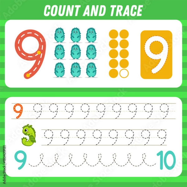 Fototapeta Count and trace number nine. Tracing worksheet wiht cute monster for kids. Math for preschool kids. Handwriting practice. Learning numbers, activity page. Vector illustration