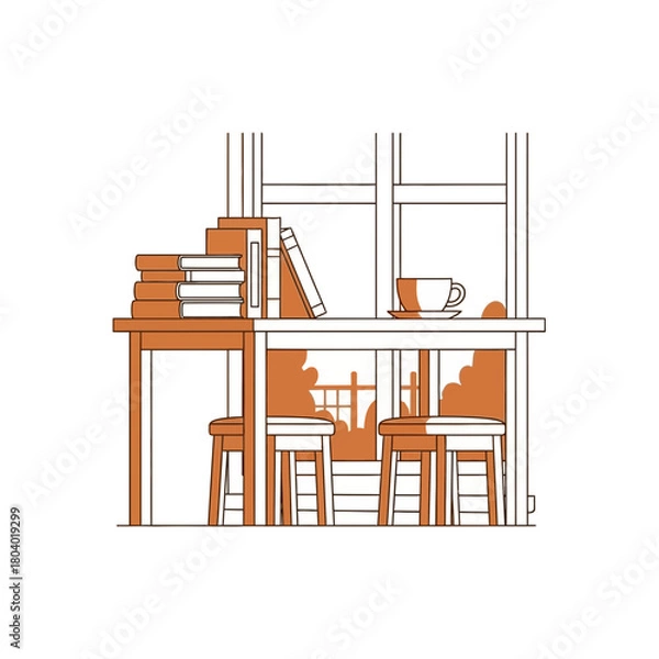 Fototapeta Desk with books, chairs, and a cup by a window.