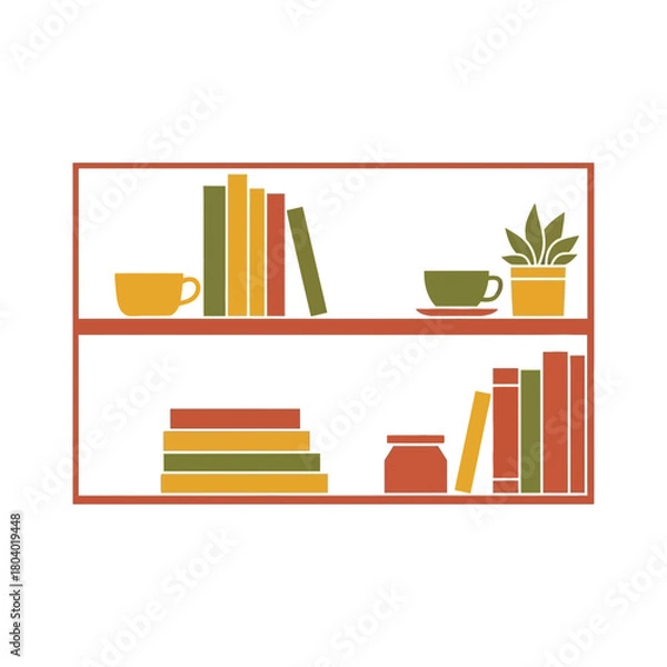 Fototapeta Bookshelf with books cups and a potted plant.