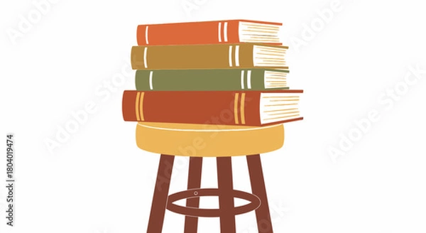 Fototapeta Stack of books on a stool with brown legs and yellow seat.