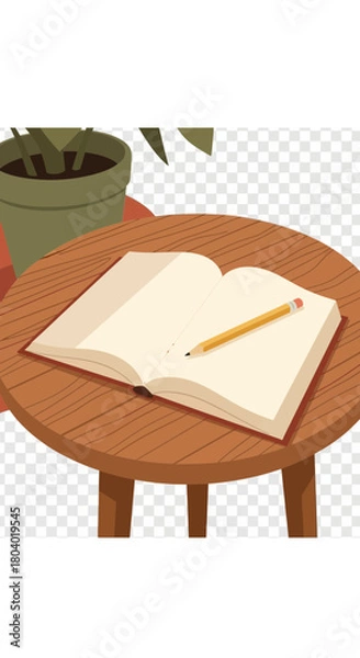 Fototapeta Open book with pencil on a wooden table next to a potted plant.
