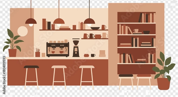 Fototapeta Cafe interior with coffee machine, books, and seating.