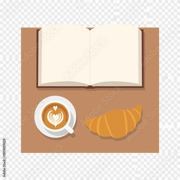 Fototapeta Open book, coffee cup with latte art, and croissant on a table.