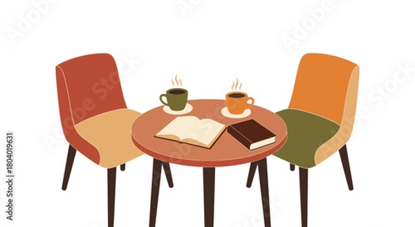 Fototapeta Two chairs and a table with books and steaming coffee cups.