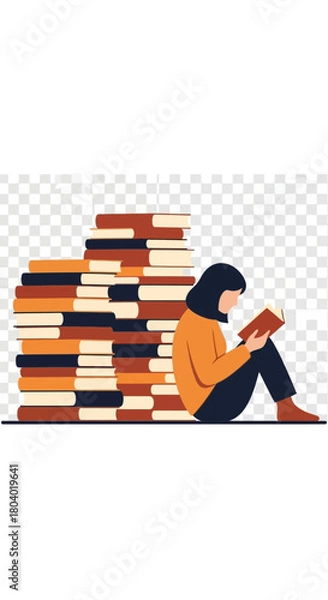 Fototapeta Person sitting and reading a book next to a large stack of books.